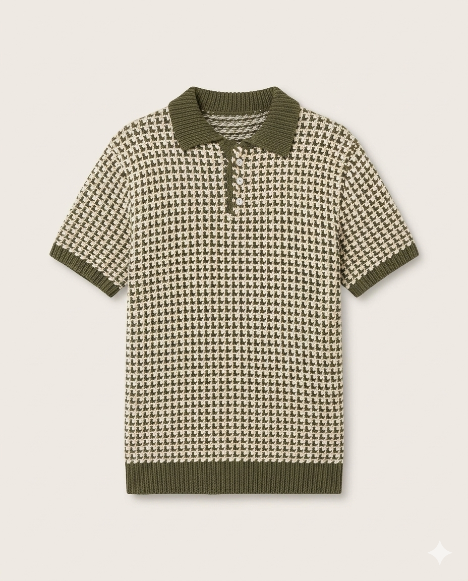 Louis Vuitton - Damier Intarsia Knit Polo in Khaki & Cream