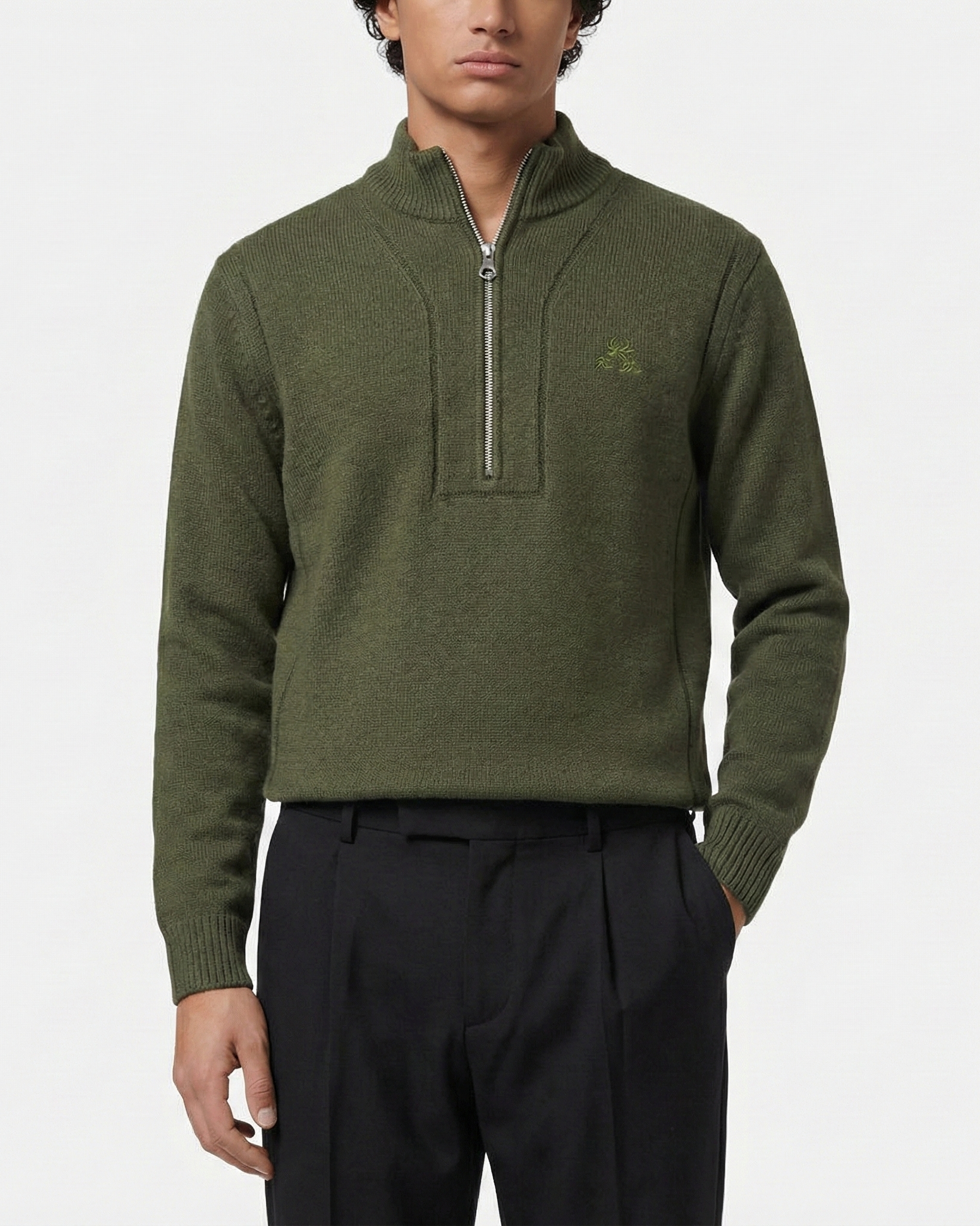 Loro Piana Men's Olive Green Knit Half-Zip Sweater