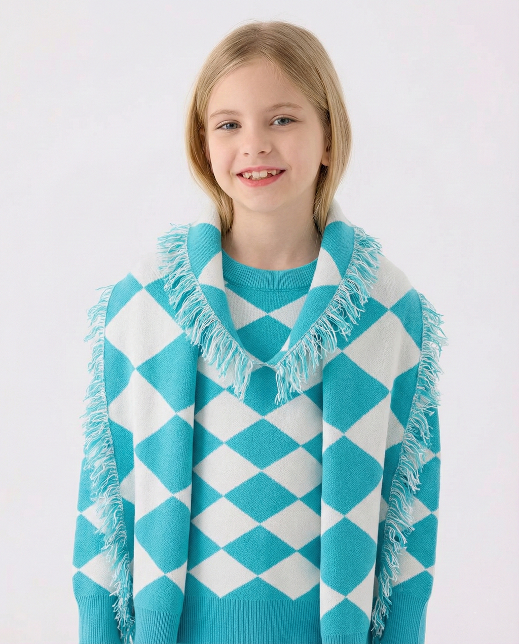 Burberry - Kids Turquoise & White Argyle Knit Sweater with Fringed Scarf Detail