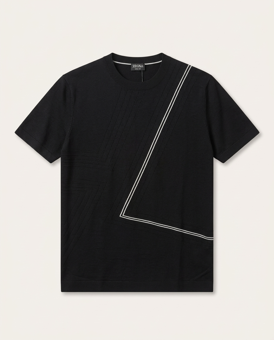 Zegna - Oasi Cashmere-Cotton Knit T-Shirt in Black with Geometric Intarsia Detail