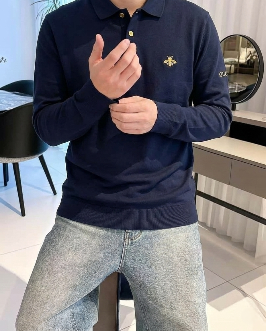 Gucci - Navy Long-Sleeve Piqué Polo with Gold Bee & Sleeve Embroidery
