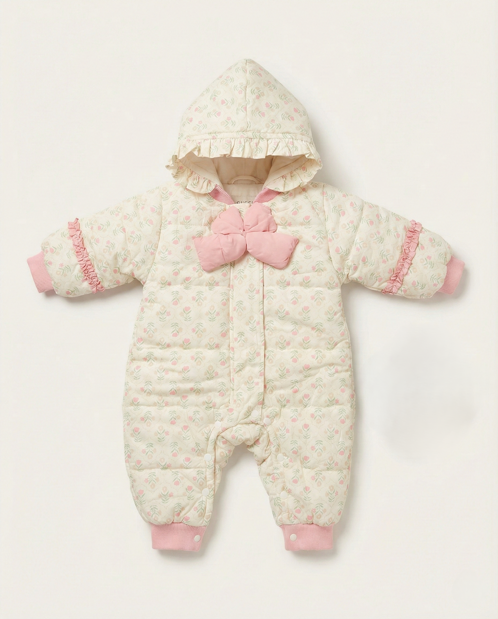 Fashion -Vintage Garden Quilted Pram Suit – Pink Floral with Statement Bow