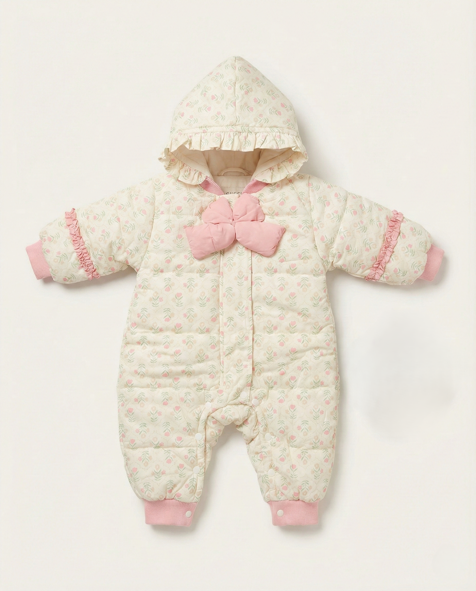 Fashion -Vintage Garden Quilted Pram Suit – Pink Floral with Statement Bow