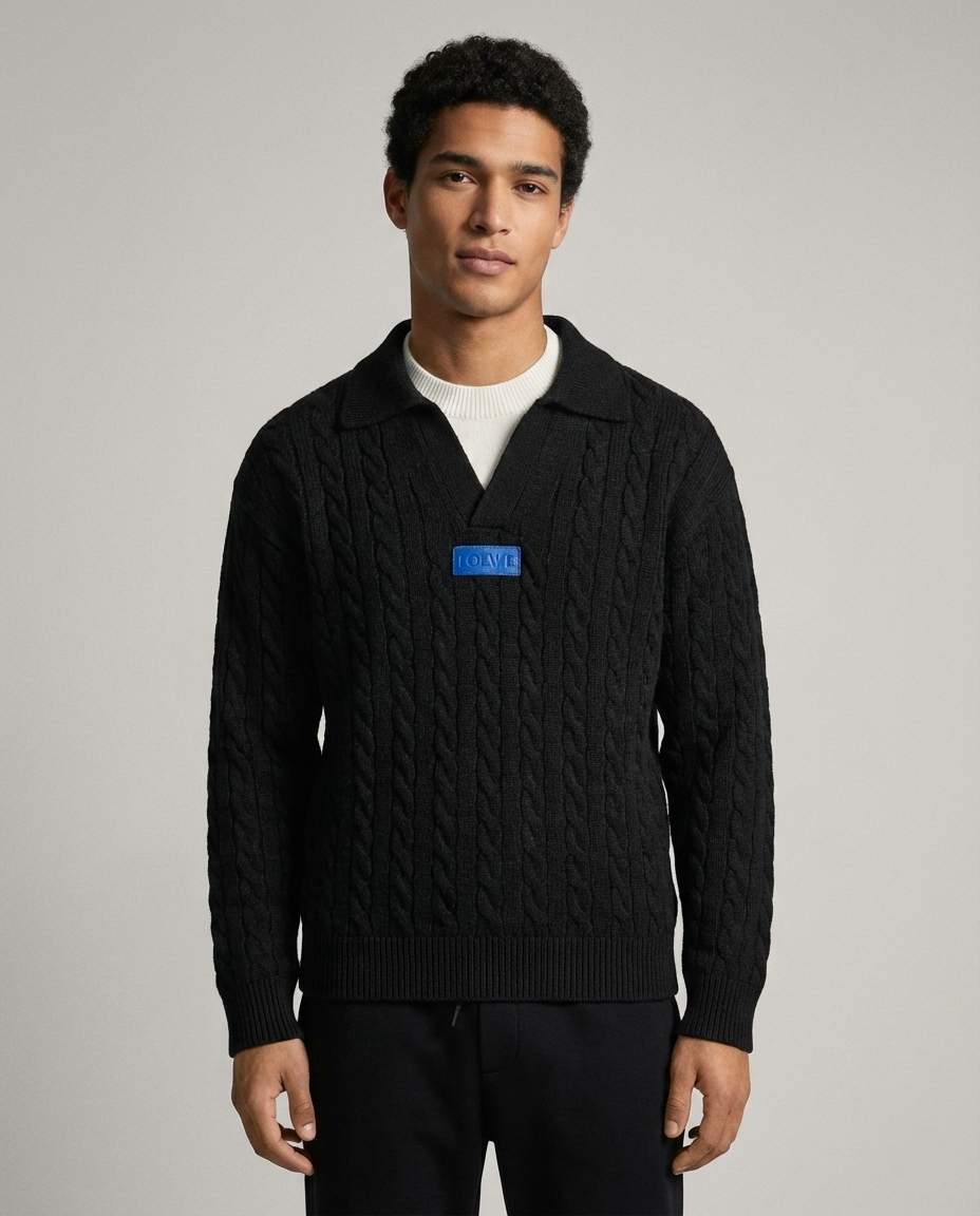 LOEWE Men's Black Cable Knit Polo Sweater