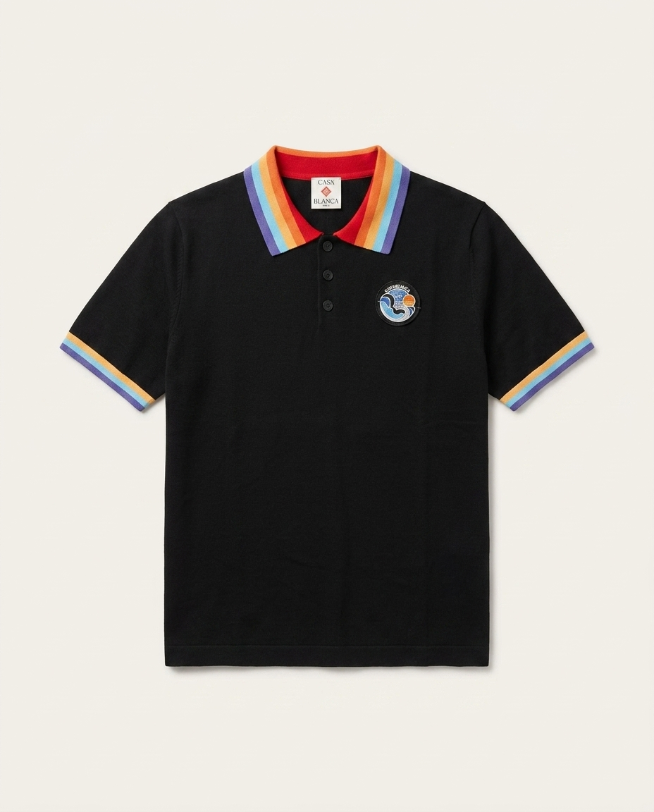 Casablanca - Embroidered Logo Polo Shirt with Rainbow Trim in Black