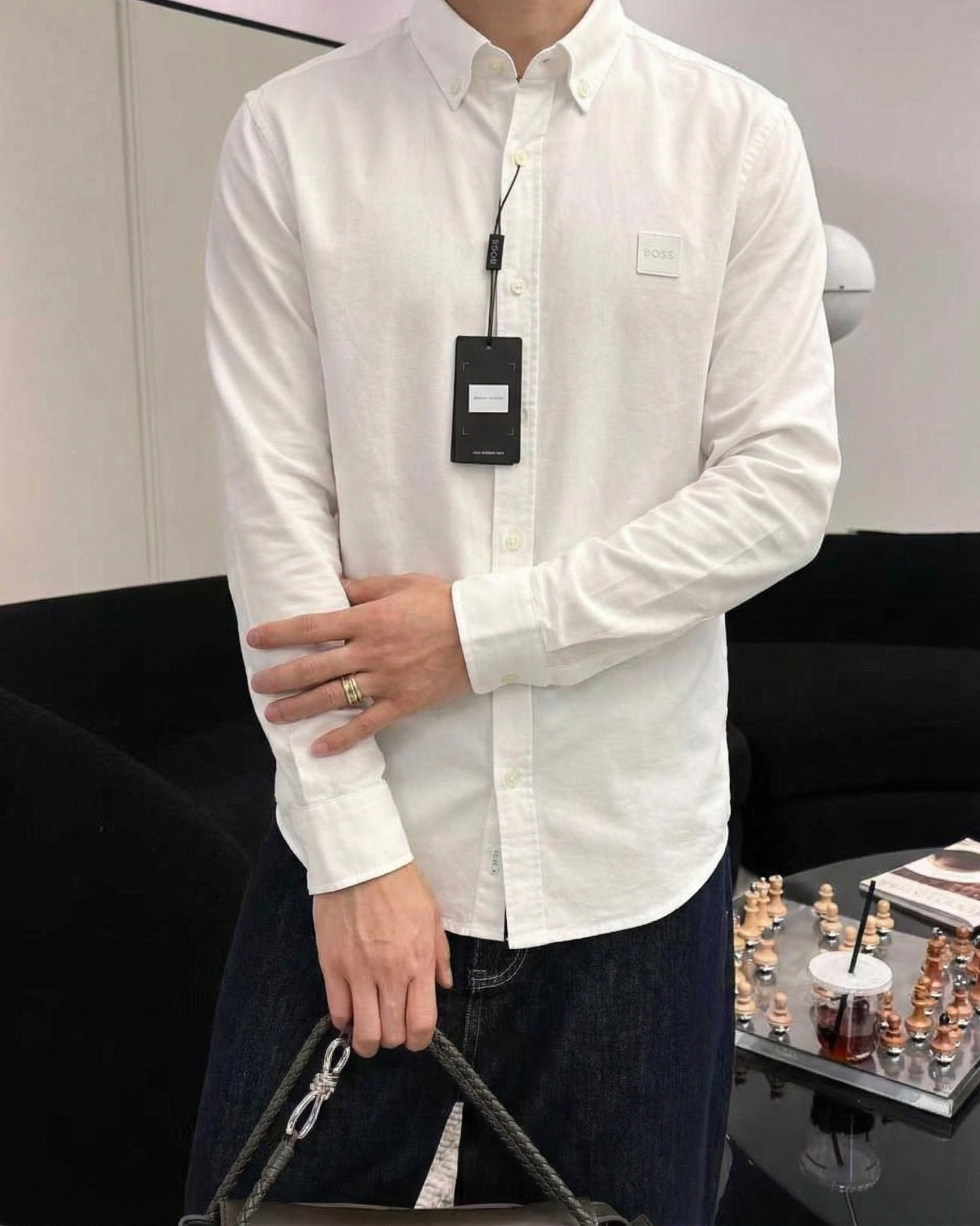 BOSS - Men's White Cotton Button-Down Shirt with Logo Patch