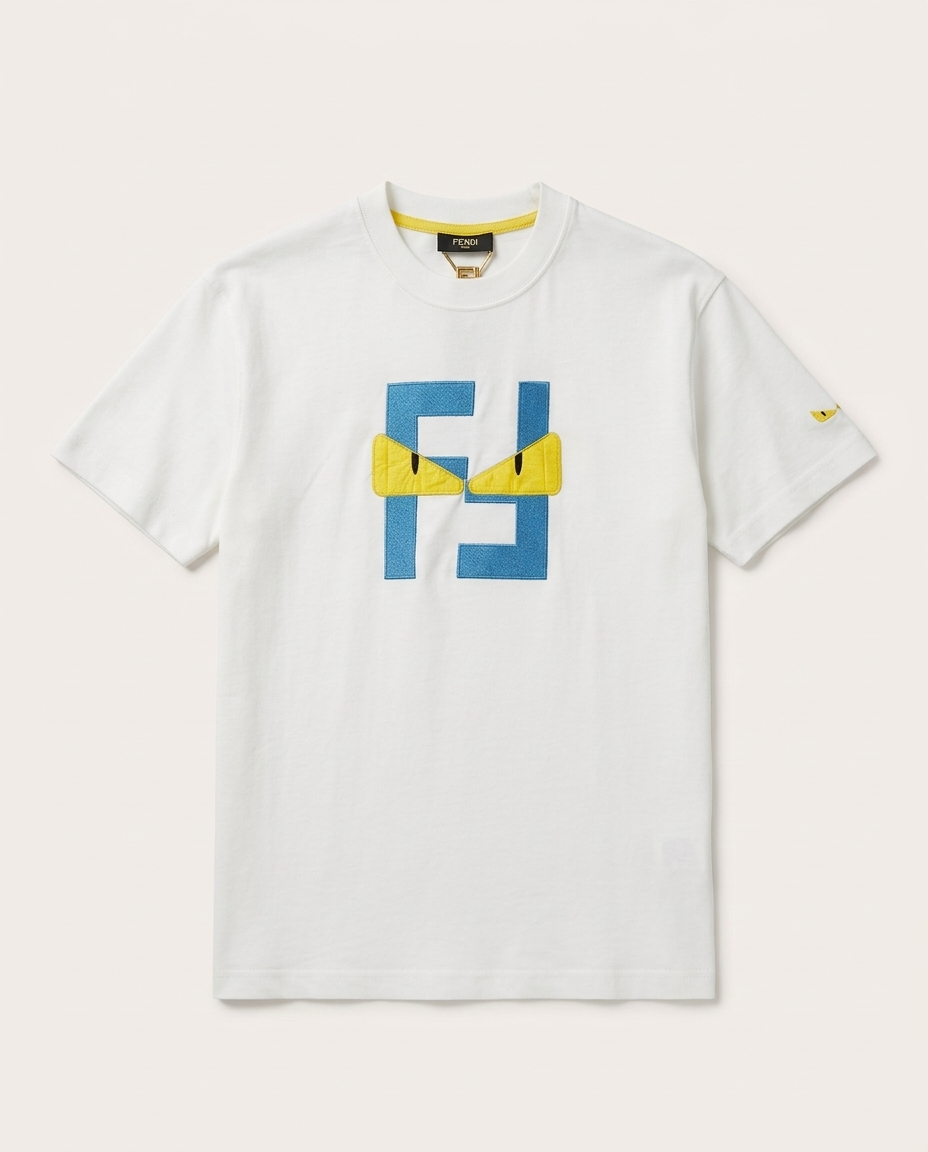 Fendi -White / Black Cotton T-Shirt with Bag Bugs FF Logo Appliqué