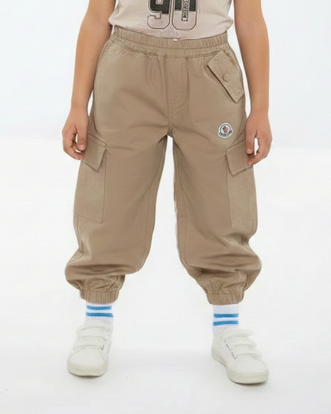 Moncler - Enfant Boys Beige Cotton Cargo Joggers with Logo Patch