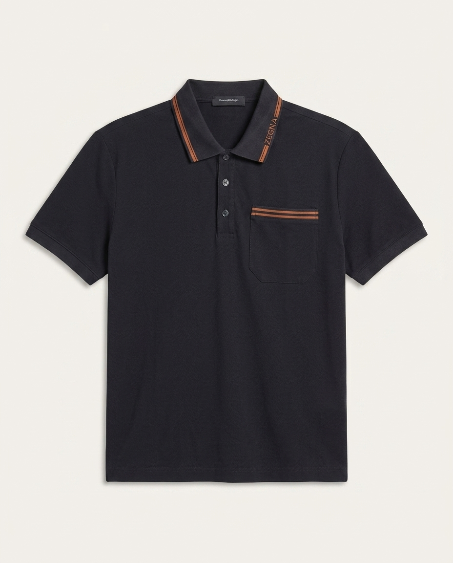 ZEGNA - Cotton Piqué Polo Shirt with Striped Logo Trim in Black