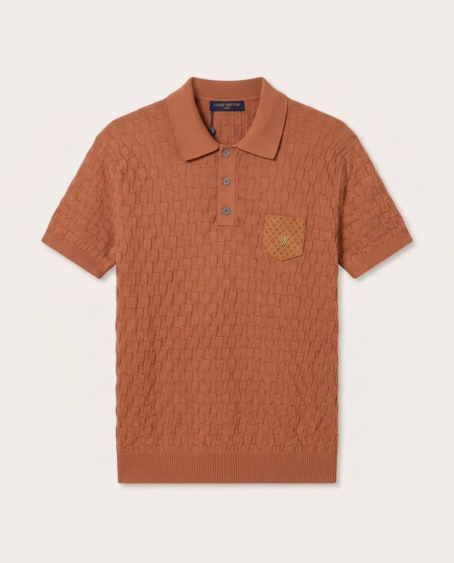 Louis Vuitton - Textured Damier Knit Polo Shirt with Monogram Pocket in Terracotta