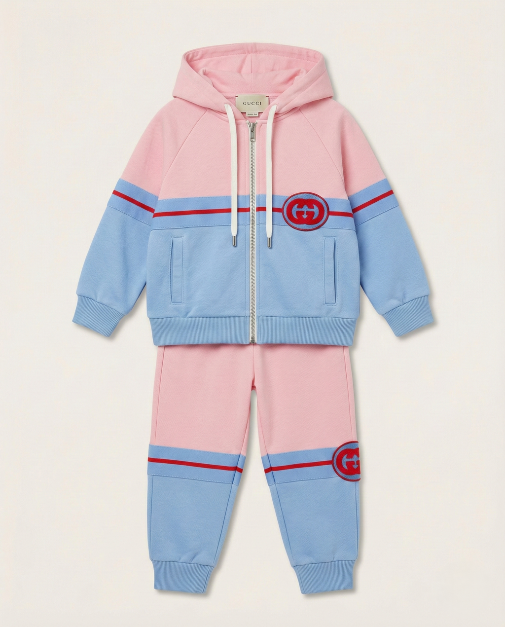 Gucci - Kids Pink & Blue Felted Cotton Jersey Tracksuit Set with Interlocking G Patch