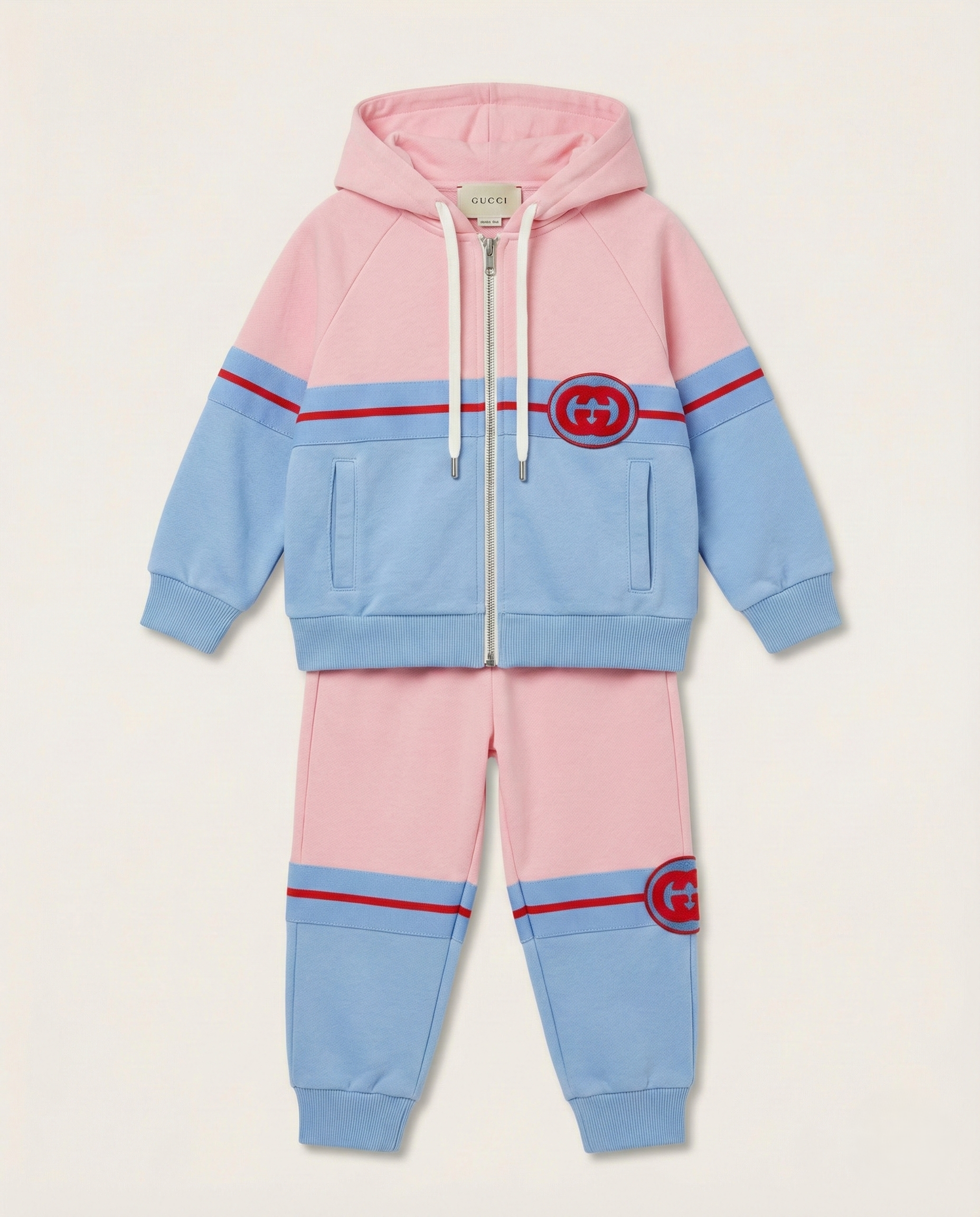 Gucci - Kids Pink & Blue Felted Cotton Jersey Tracksuit Set with Interlocking G Patch