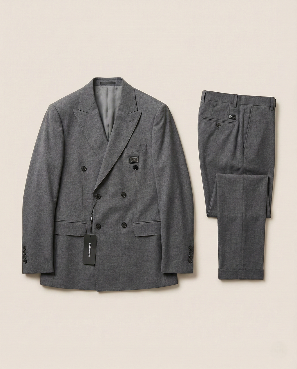 Dolce & Gabbana - Grey Double-Breasted Wool Suit with Logo Detail