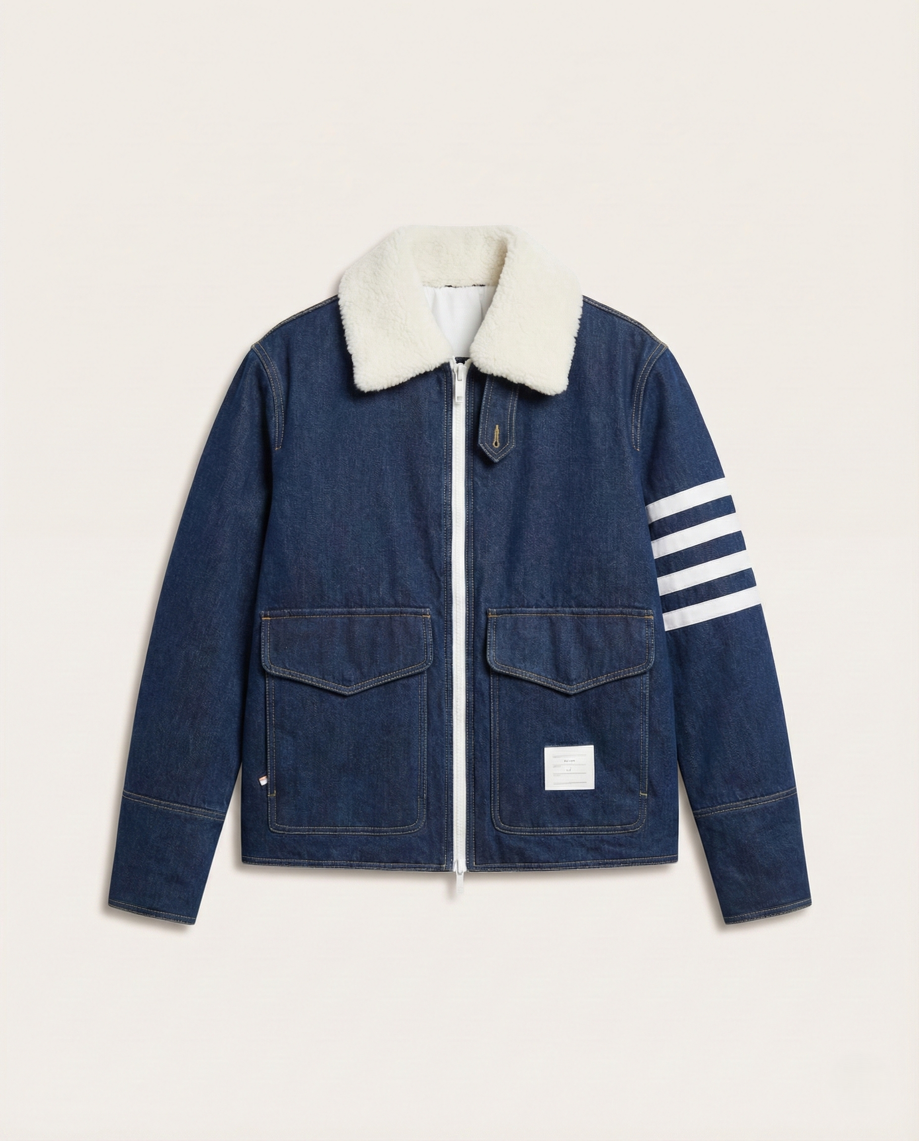 Thom Browne Indigo Denim Jacket with Shearling Collar