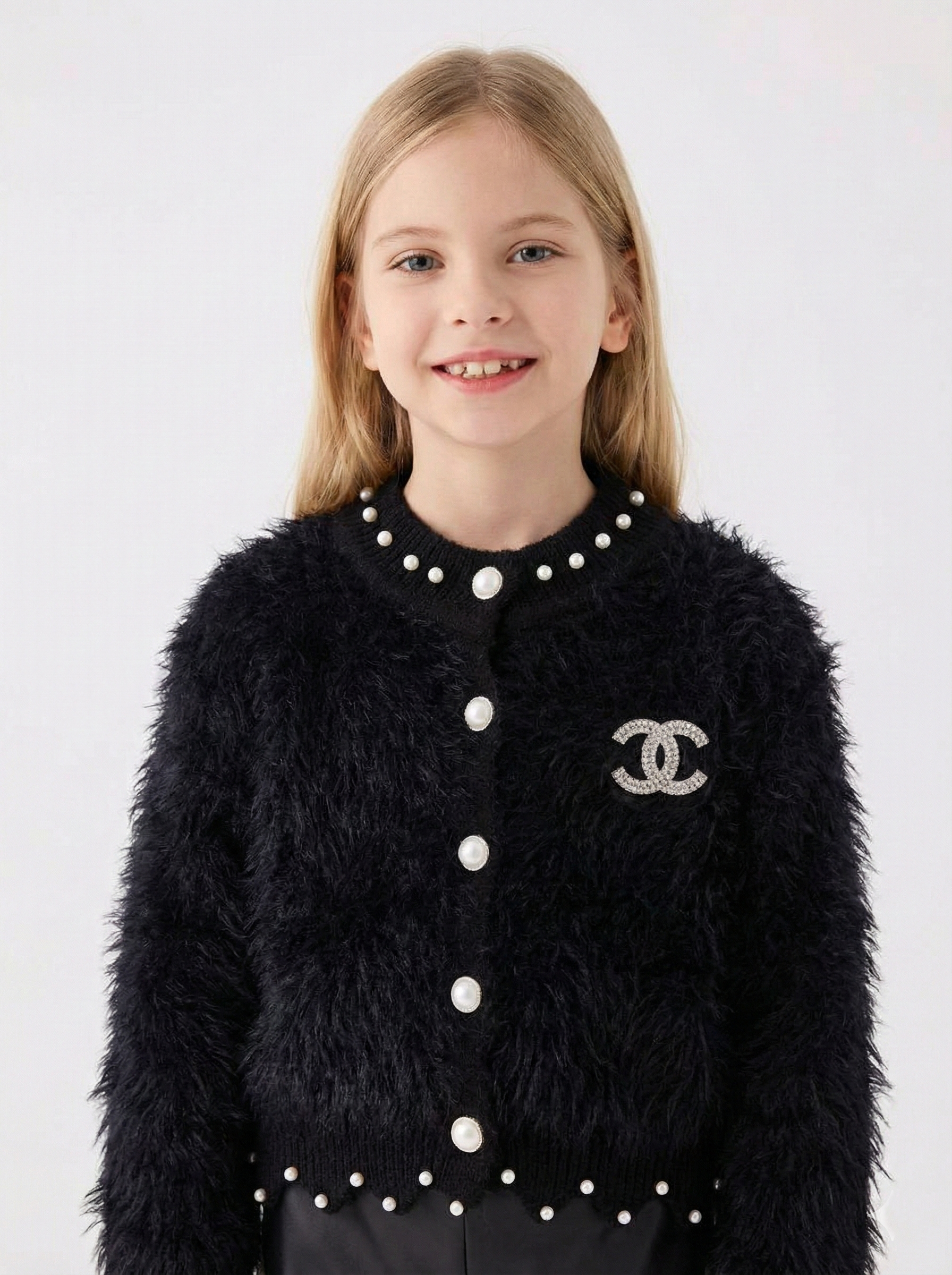 Chanel - Girls' Black "Eyelash" Knit Cardigan with Pearl Trim & Crystal CC Logo
