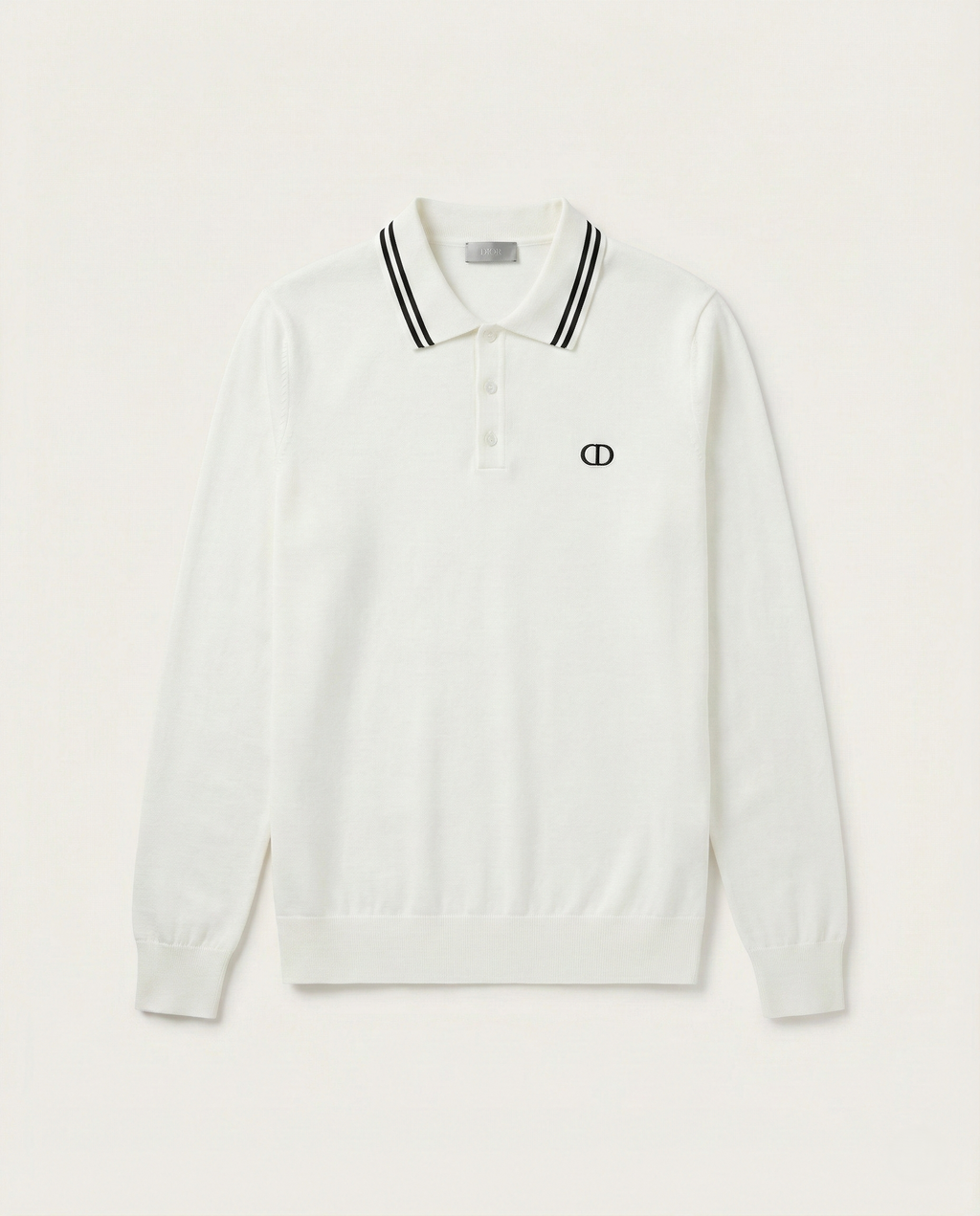 Dior - White CD Icon Knit Long-Sleeve Polo Shirt with Striped Collar