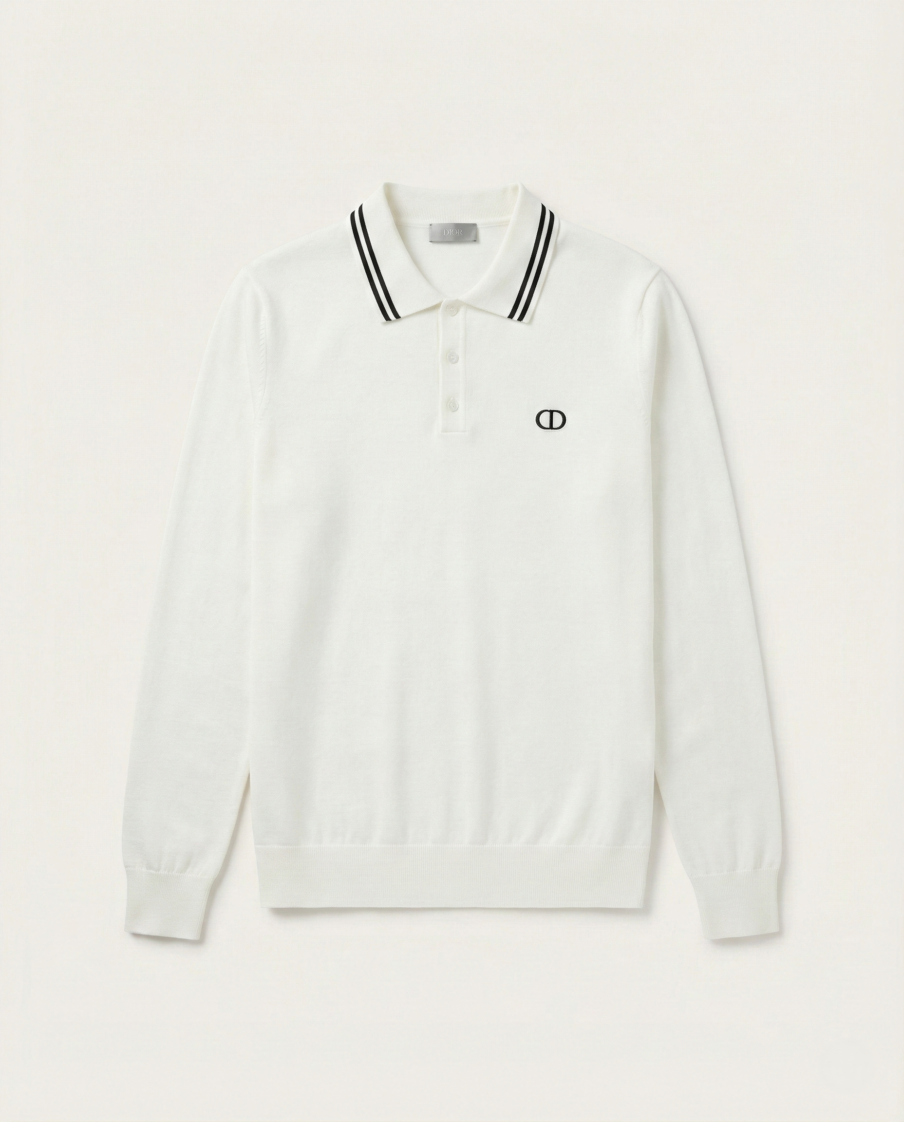 Dior - White CD Icon Knit Long-Sleeve Polo Shirt with Striped Collar