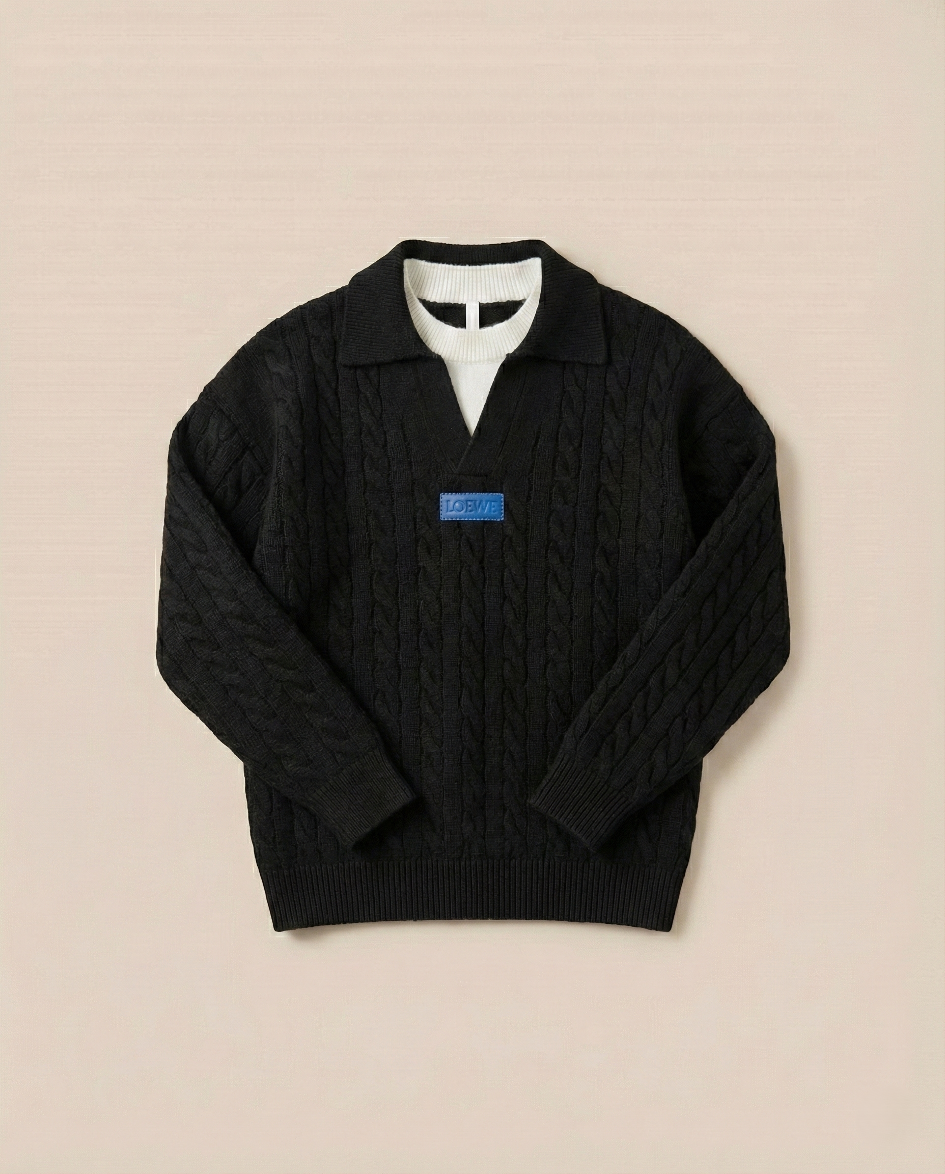 LOEWE Men's Black Cable Knit Polo Sweater