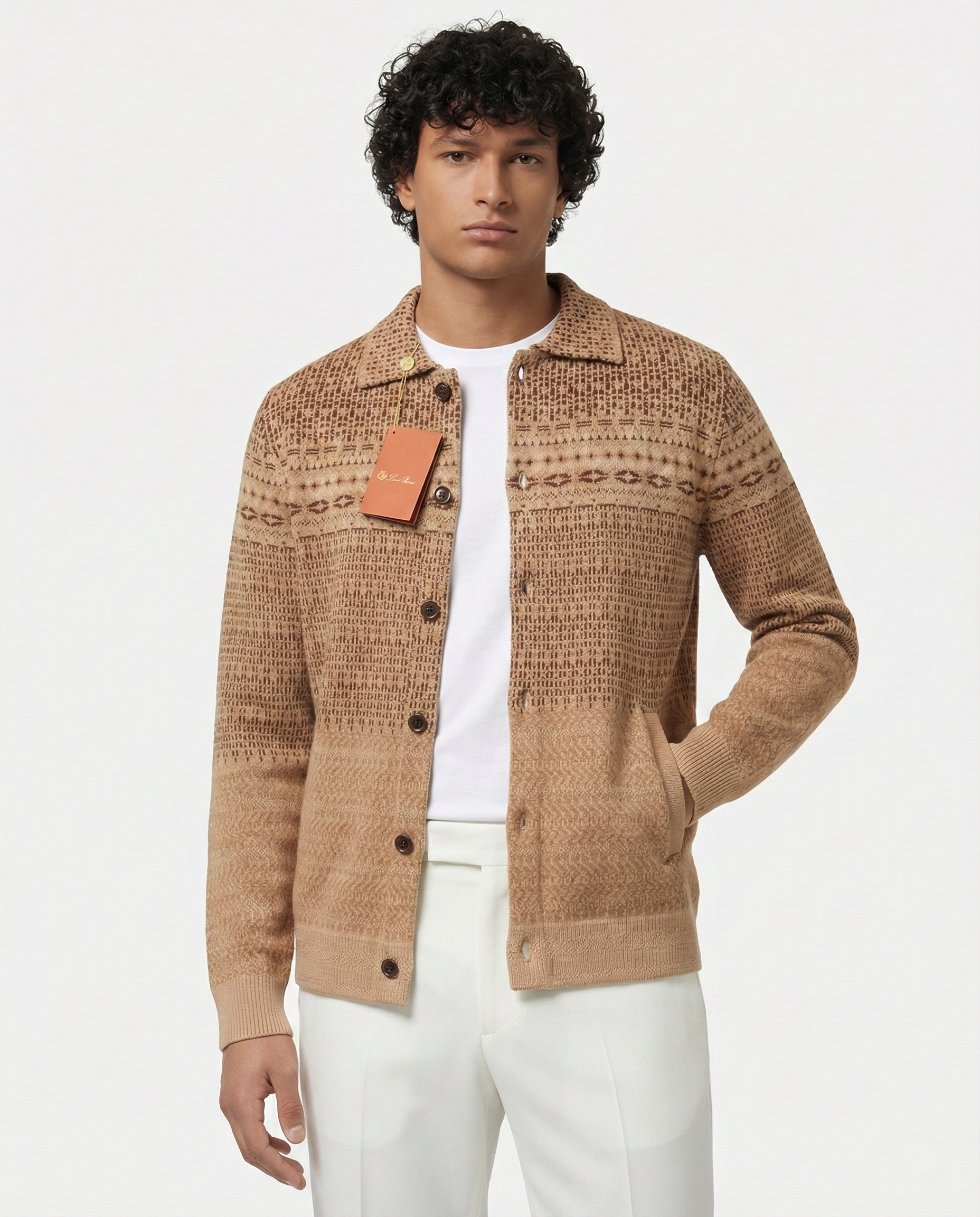 Loro Piana - Men's Patterned Knit Collared Cardigan Jacket - Camel