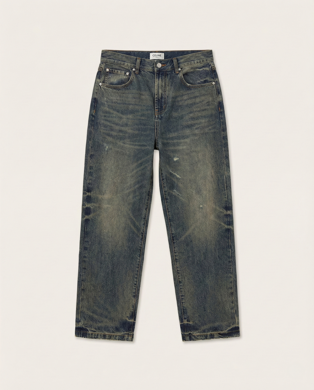 Distressed Dark Wash Straight-Leg Denim Jeans