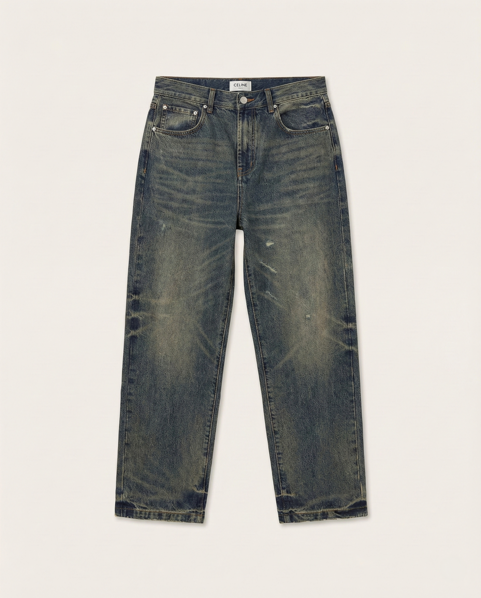 Distressed Dark Wash Straight-Leg Denim Jeans