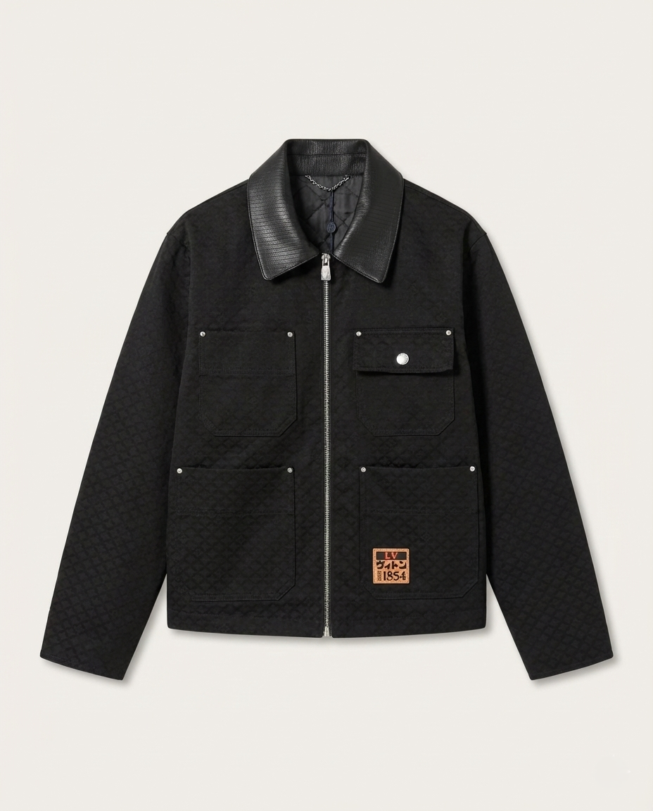 Louis Vuitton Men's Black Textured Luxury Jacket with Leather Collar