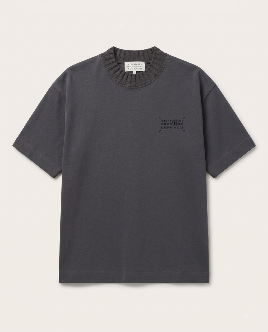 Maison Margiela - Ribbed-Collar Numerical Logo Tee in Charcoal
