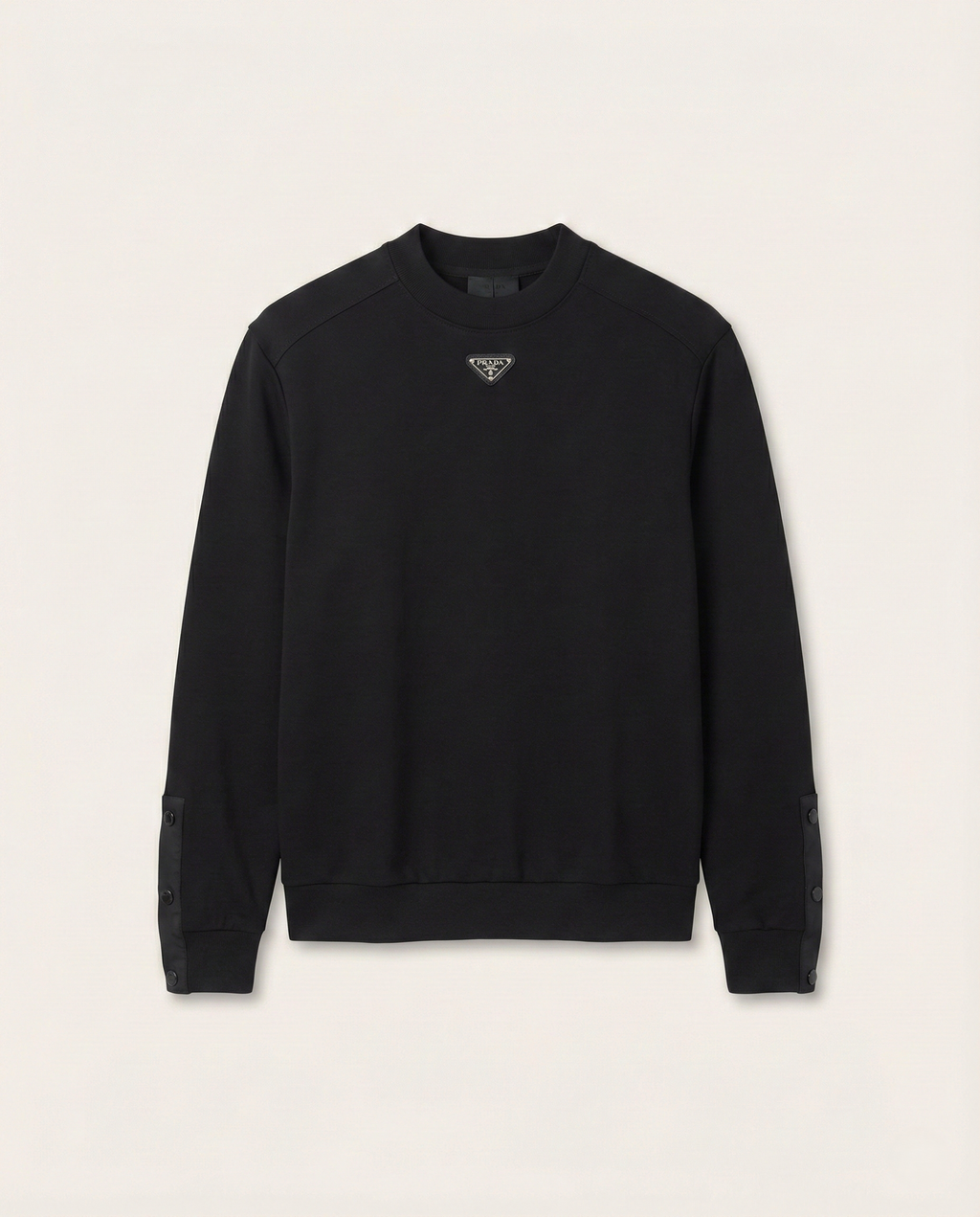 Prada - Cotton Crewneck Sweatshirt with Triangular Logo & Snap Sleeve Detail