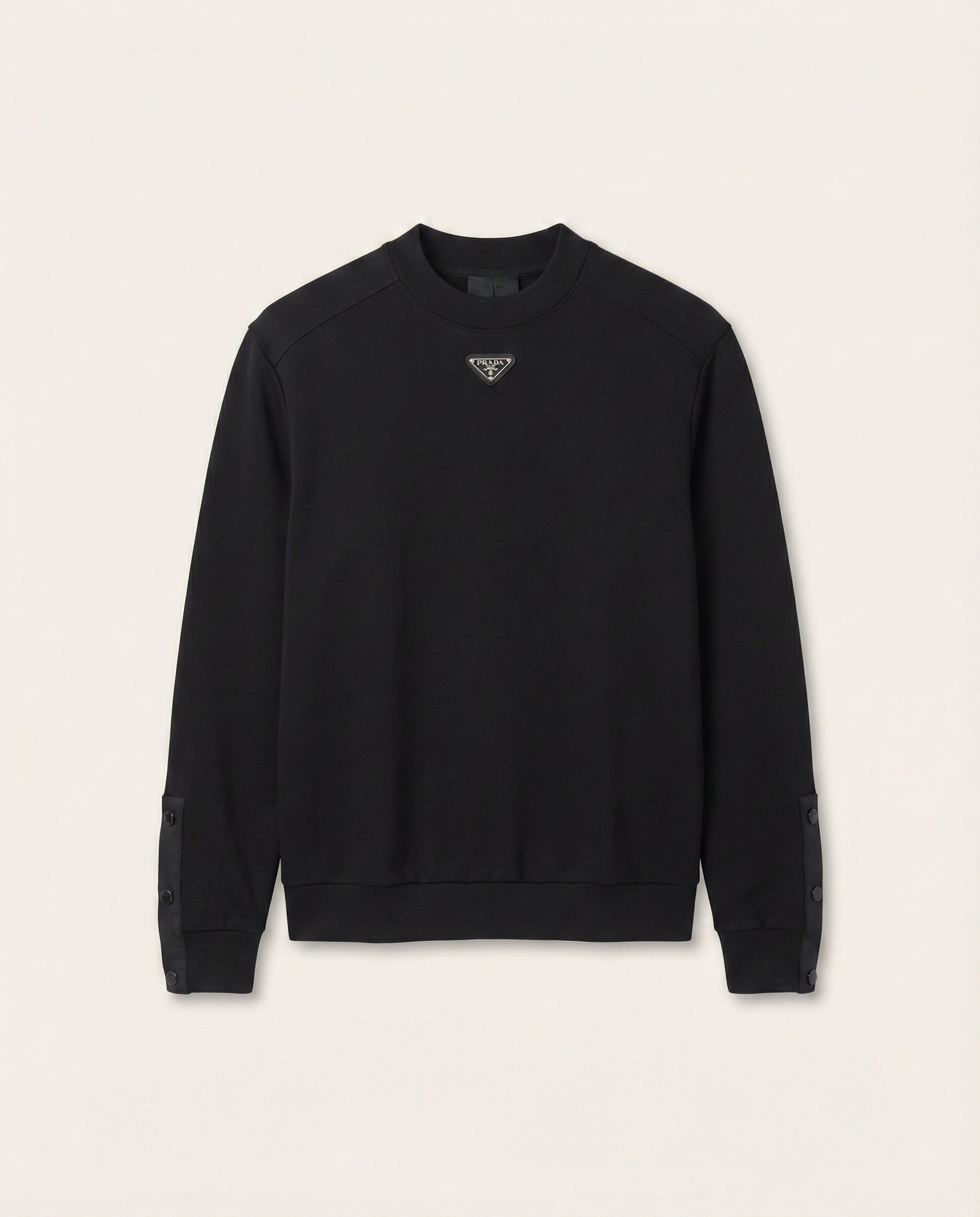 Prada - Cotton Crewneck Sweatshirt with Triangular Logo & Snap Sleeve Detail
