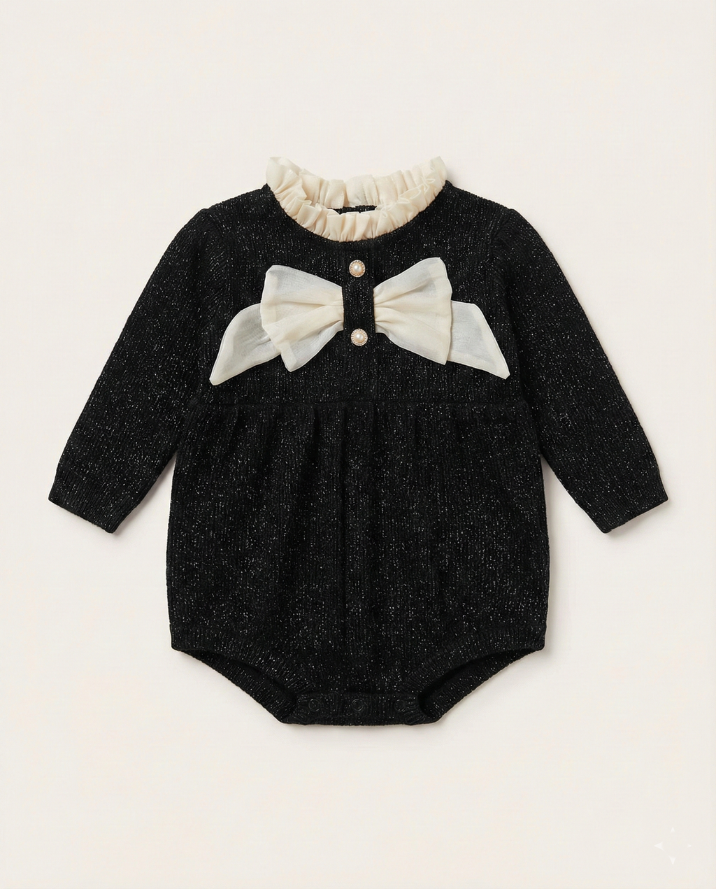 Chanel - Baby Black Shimmer Knit Romper with Ruffle Collar & Dual Silk Bows