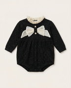 Chanel - Baby Black Shimmer Knit Romper with Ruffle Collar & Dual Silk Bows