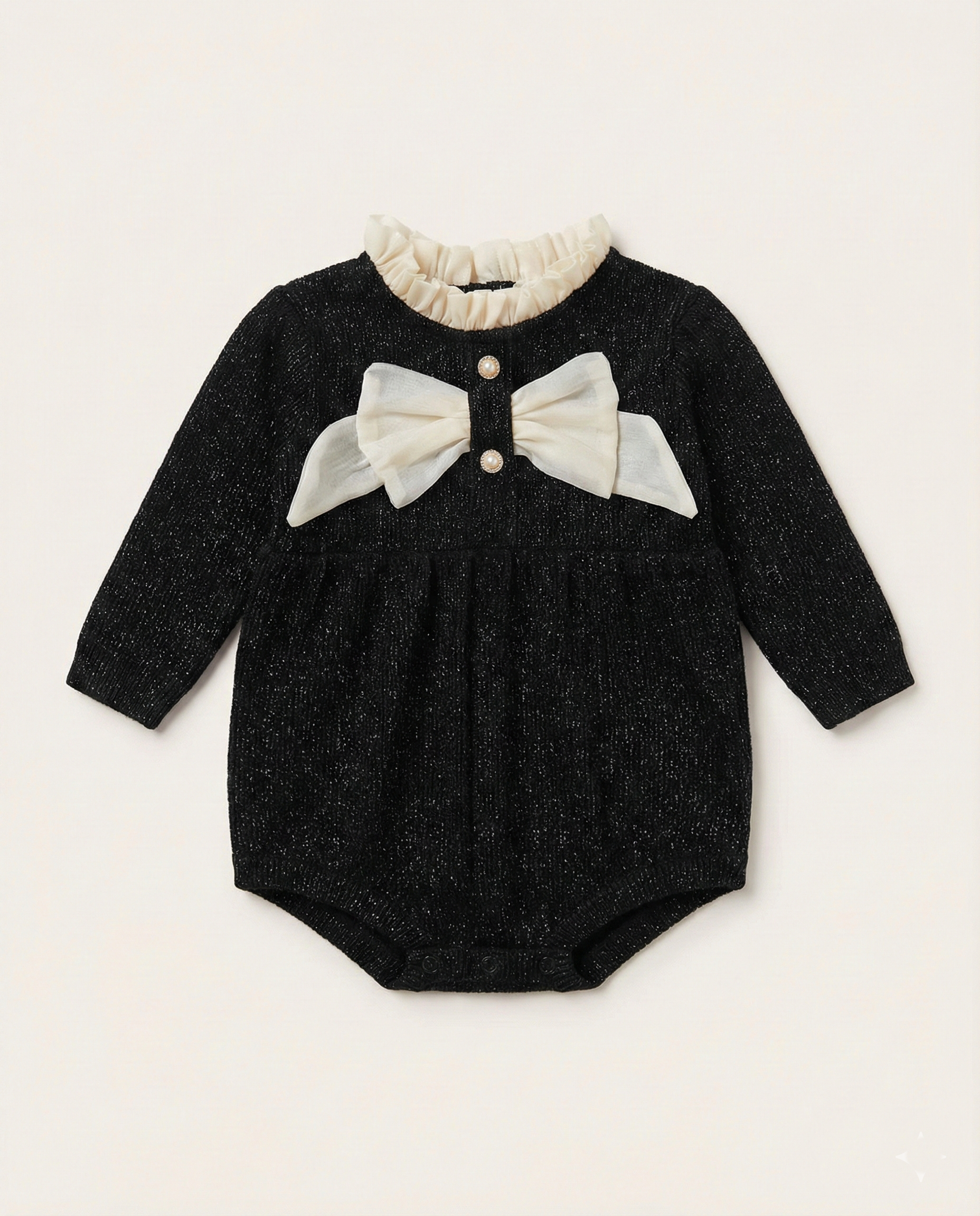 Chanel - Baby Black Shimmer Knit Romper with Ruffle Collar & Dual Silk Bows