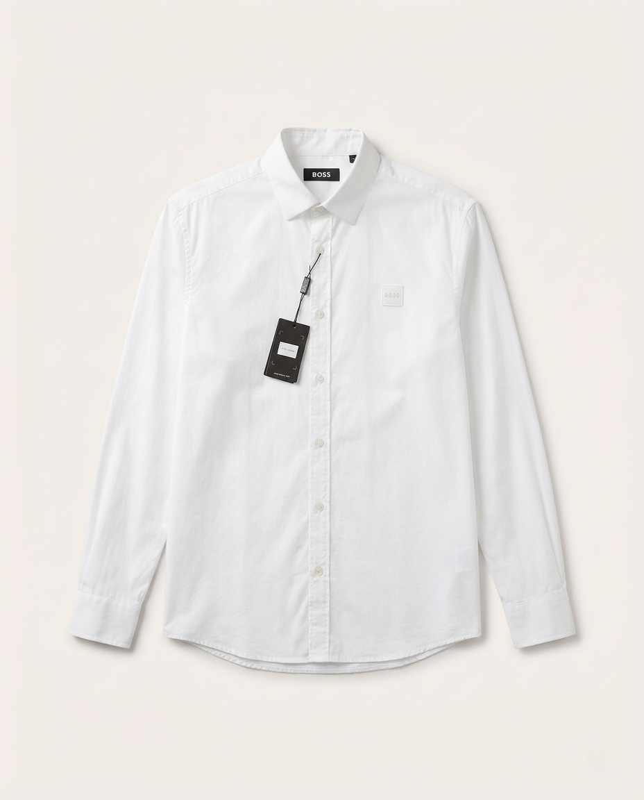 BOSS - Men's White Cotton Button-Down Shirt with Logo Patch