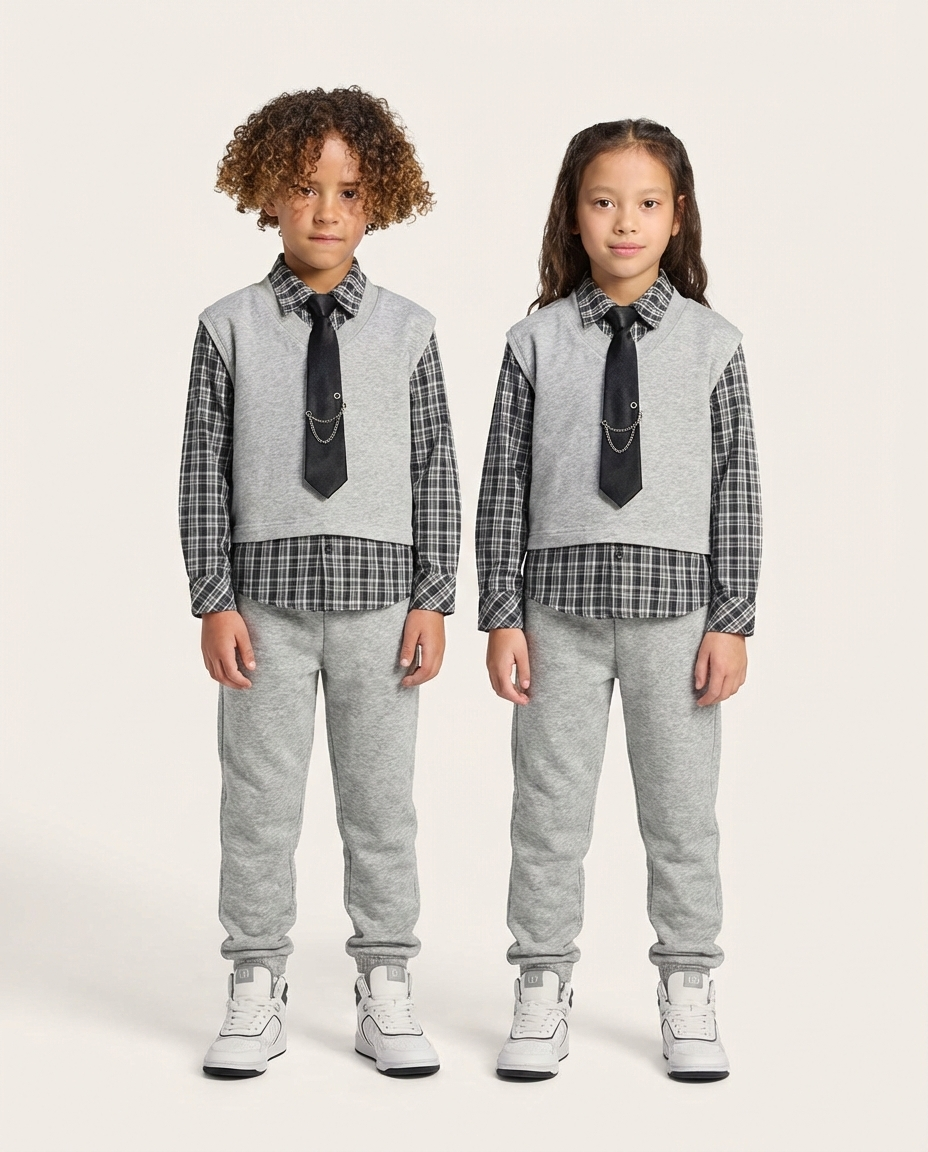 Gray - Kids' 4-Piece "Urban Prep" Set: Knit Vest, Plaid Shirt & Joggers with Chain Tie