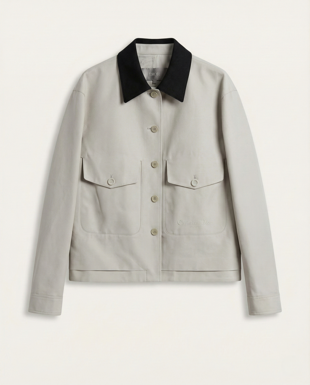 Dior Contrast Collar Cotton Overshirt with Embroidered Logo - Light Grey