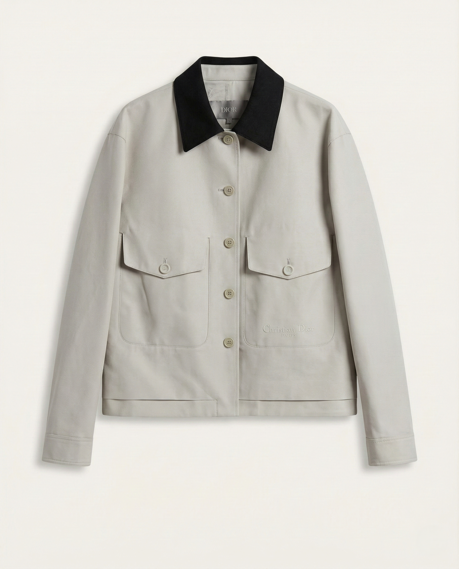Dior Contrast Collar Cotton Overshirt with Embroidered Logo - Light Grey