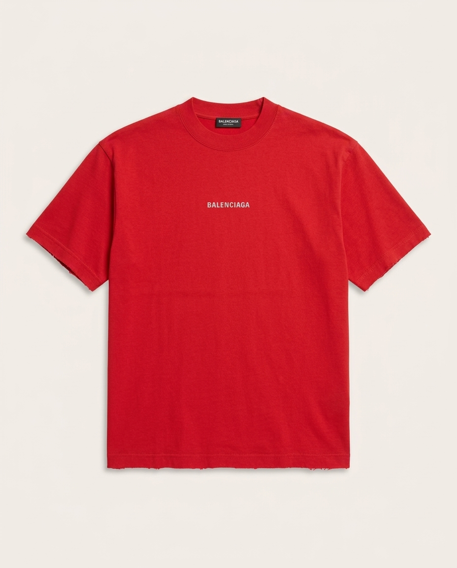 Balenciaga - Medium Fit Logo T-Shirt in Crimson Red with Distressed Edges