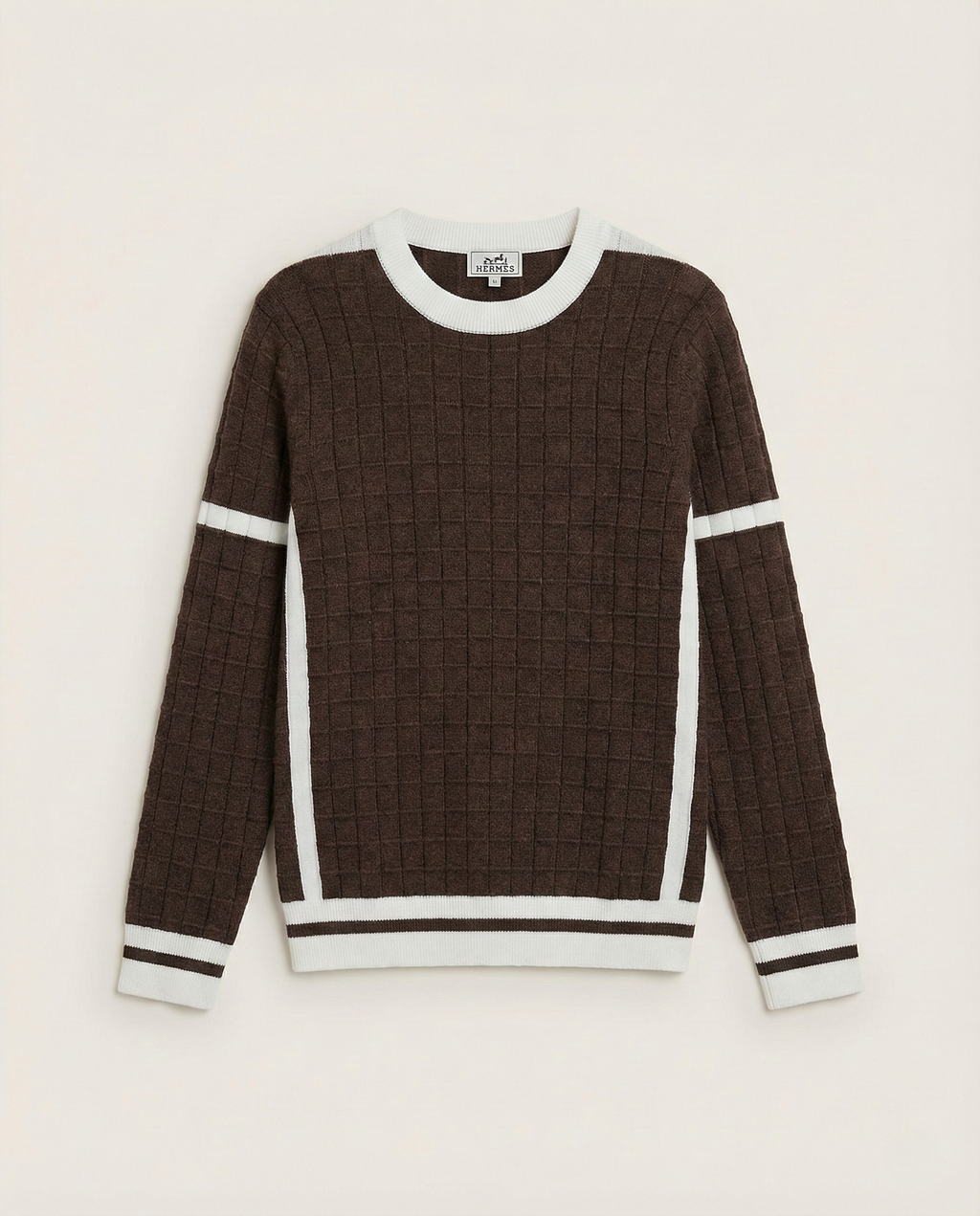 Hermès - Textured Grid Knit Sweater - Brown with White Contrast Stripes