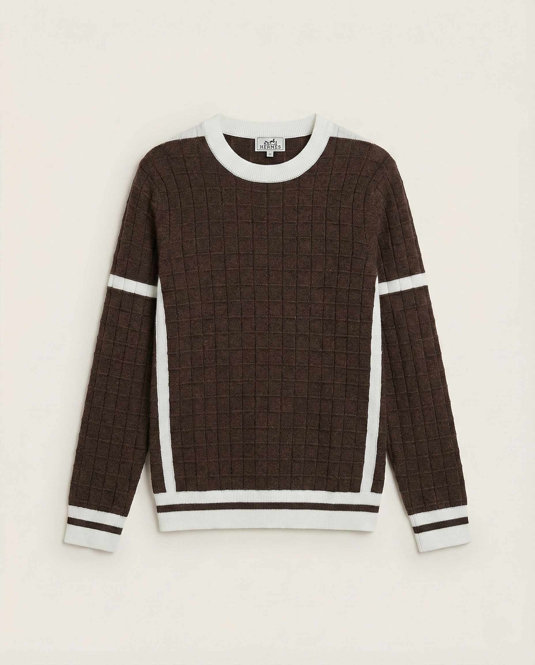 Hermès - Textured Grid Knit Sweater - Brown with White Contrast Stripes