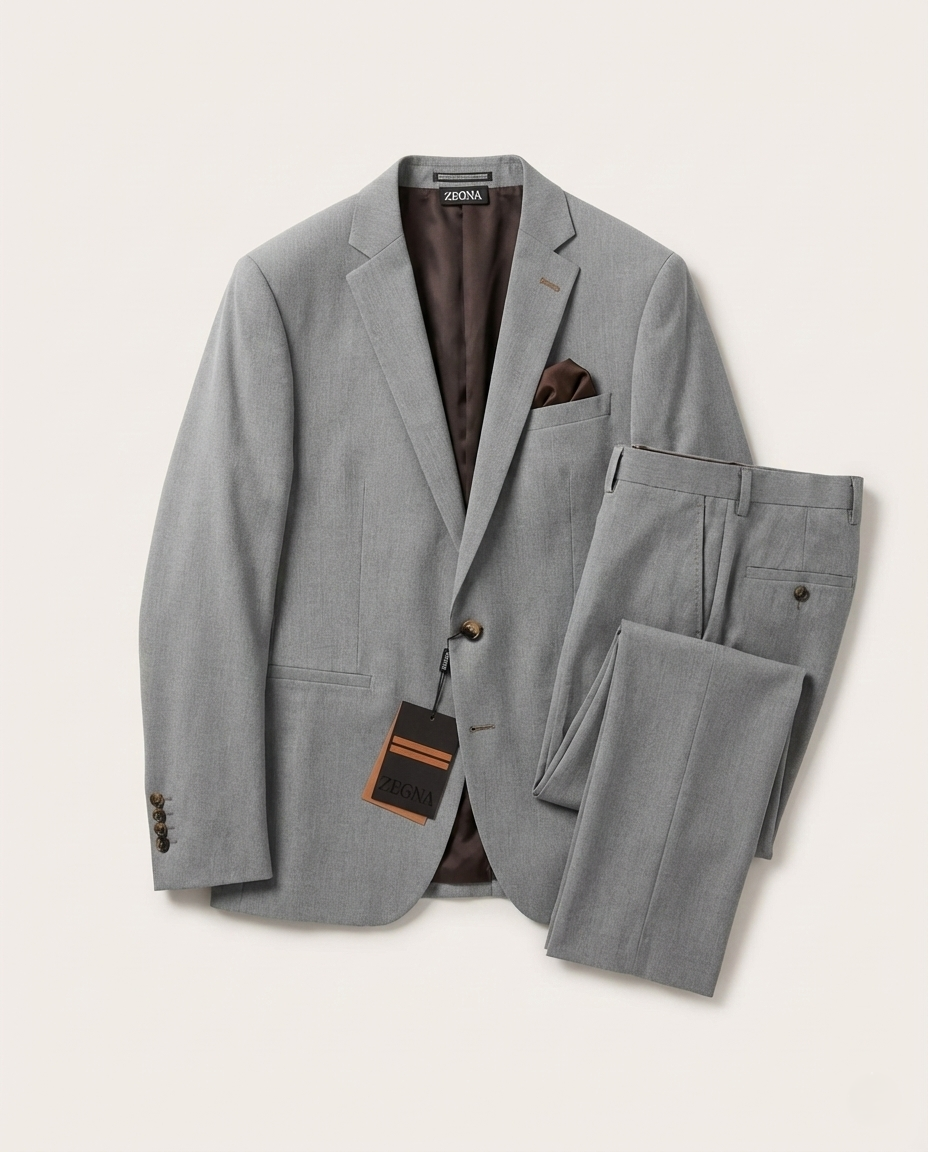 Zegna Light Grey Two-Button Tailored Suit with Pocket Square