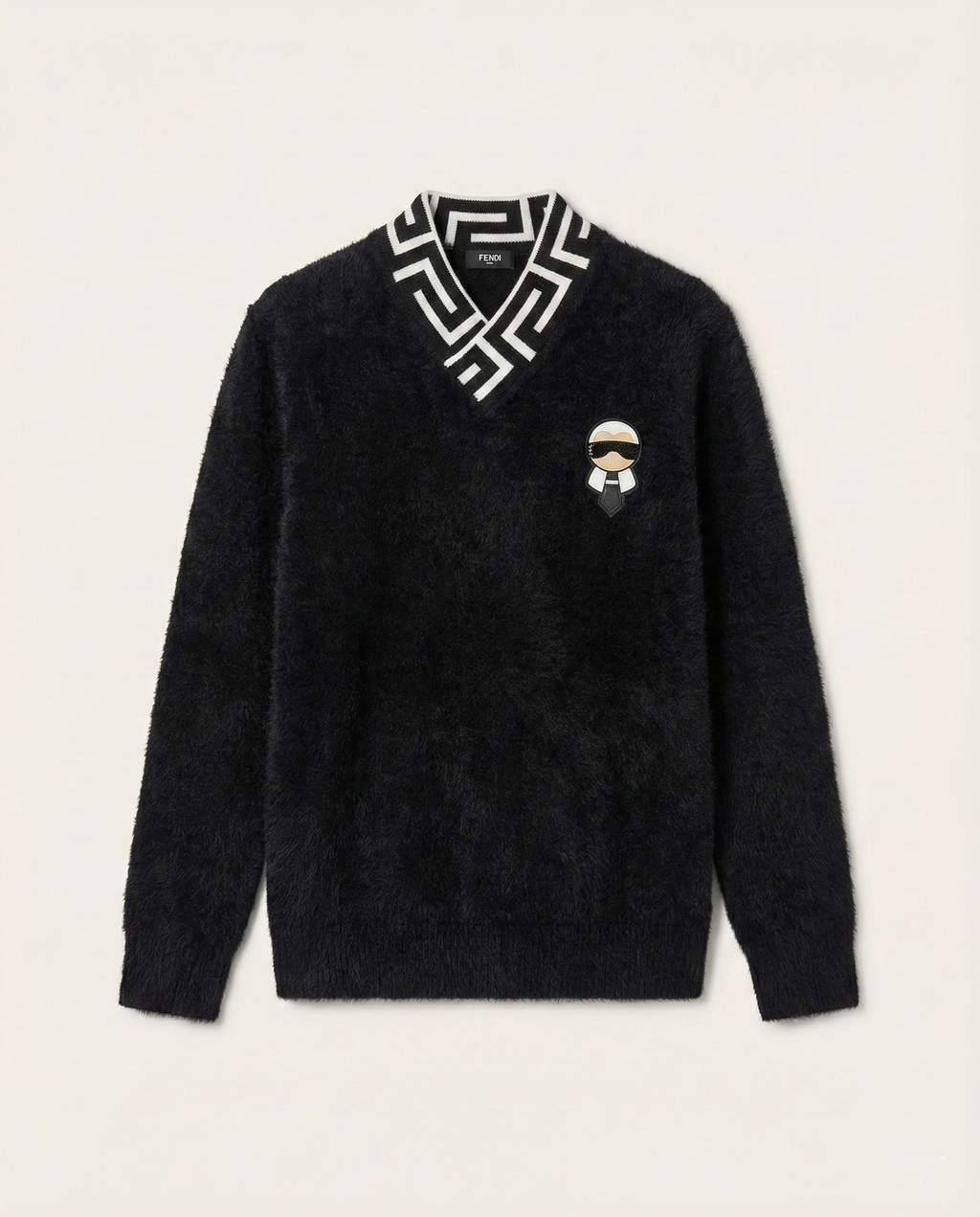 Fendi Black Fuzzy V-Neck Sweater with Karlito Patch & FF Collar