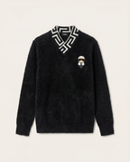 Fendi Black Fuzzy V-Neck Sweater with Karlito Patch & FF Collar