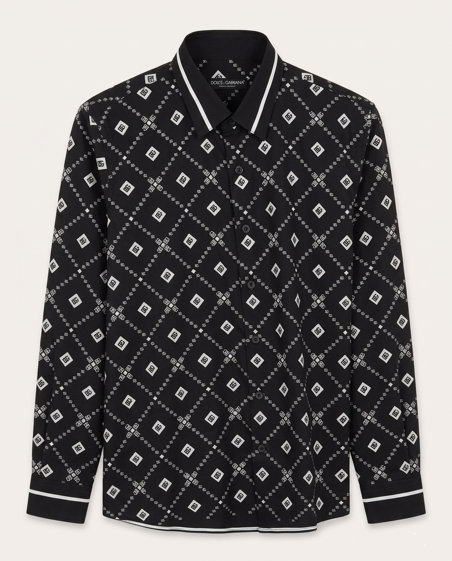 Dolce & Gabbana - Men’s DG Logo Diamond Monogram Silk-Blend Shirt in Nero