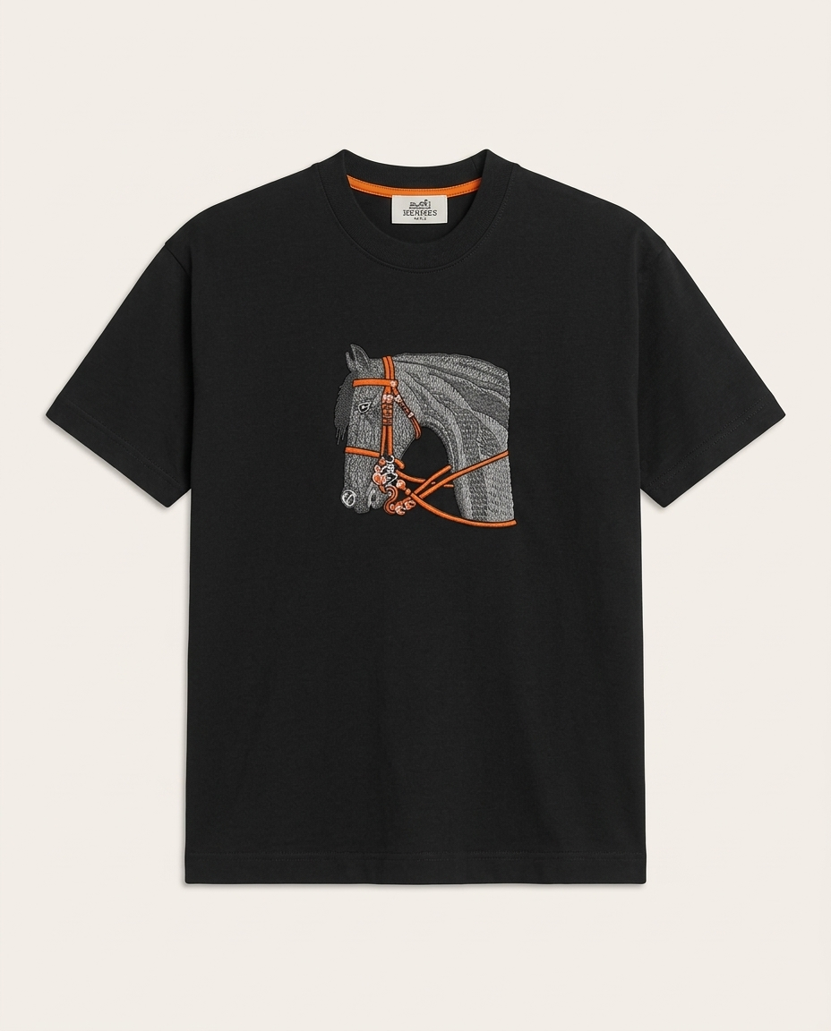 Hermès - Embroidered "Cheval de Selle" Cotton T-Shirt in Noir