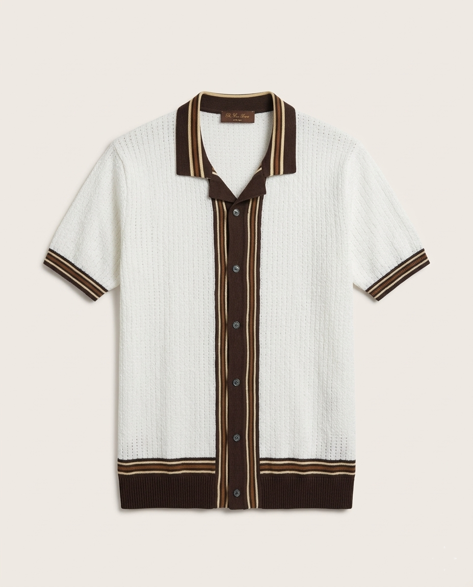 Loro Piana - Silk & Cotton Crochet-Knit Button-Up Polo - Optic White & Espresso / Optic White & Mocha