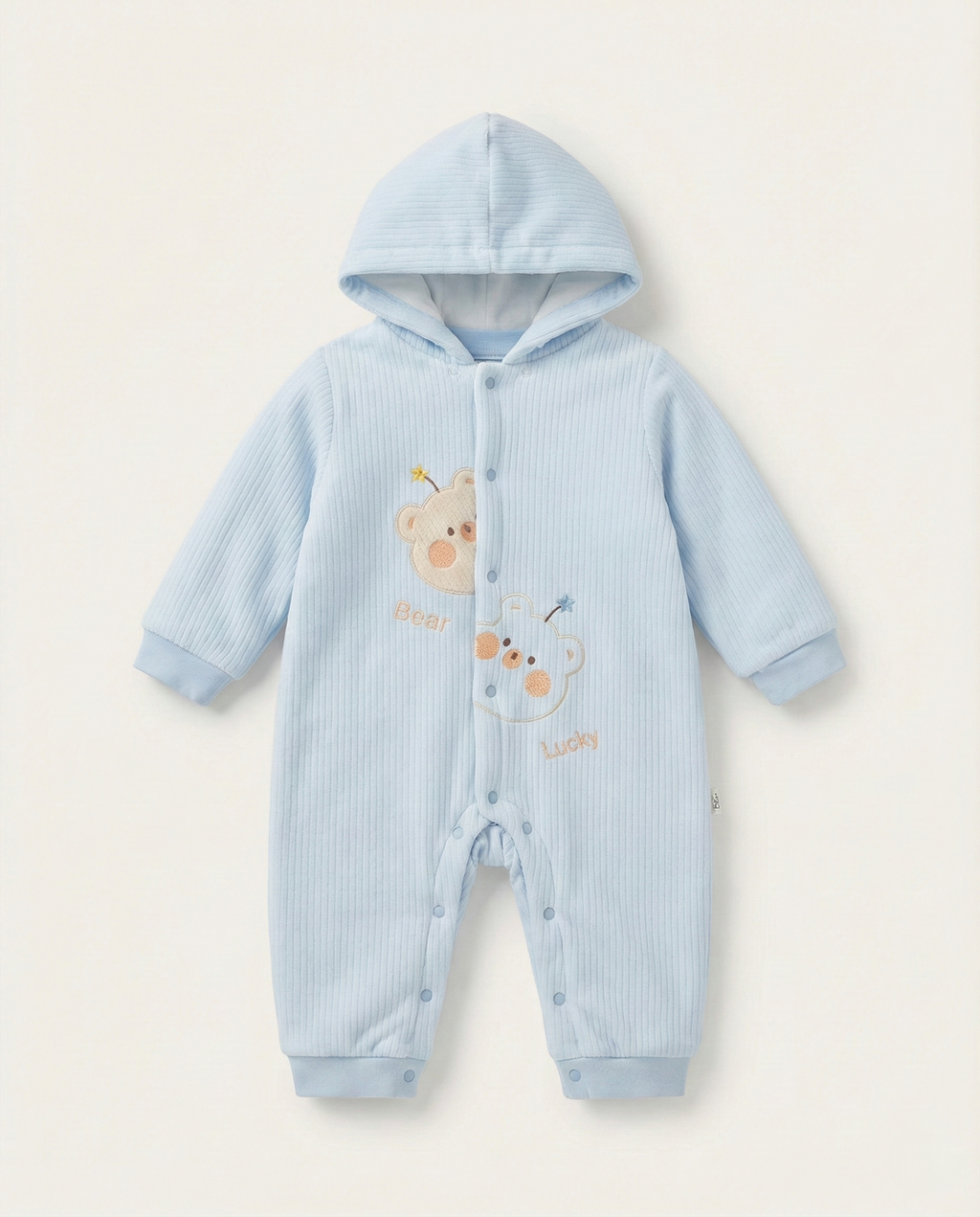 Fashion -"Lucky Bear" Thermal Ribbed Hooded Romper - Sky Blue