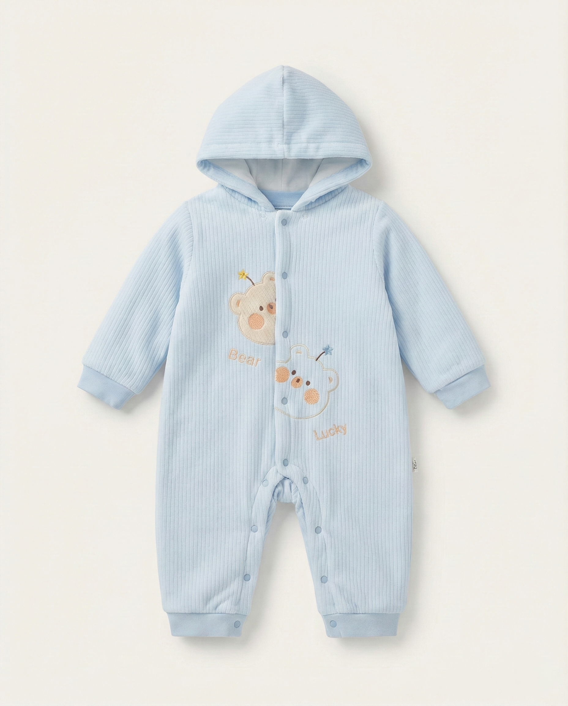 Fashion -"Lucky Bear" Thermal Ribbed Hooded Romper - Sky Blue