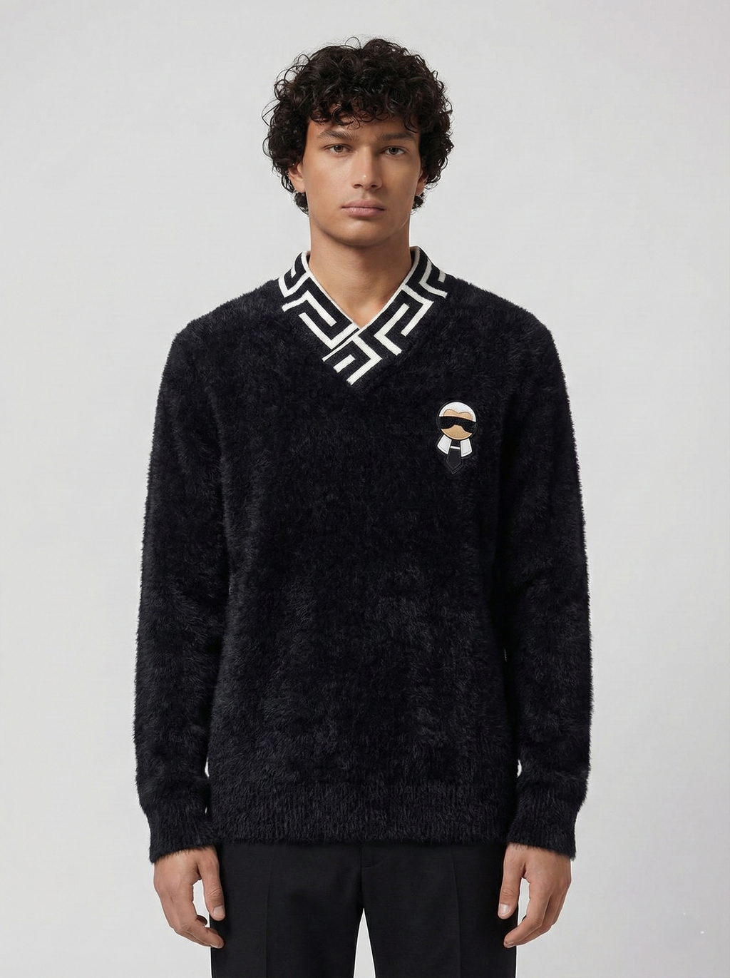 Fendi Black Fuzzy V-Neck Sweater with Karlito Patch & FF Collar