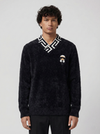 Fendi Black Fuzzy V-Neck Sweater with Karlito Patch & FF Collar