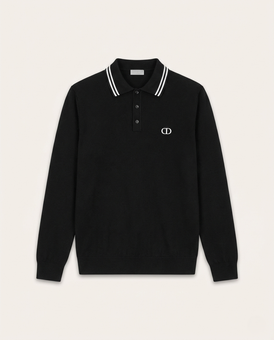 Dior - Men's Long-Sleeve Knit Polo Sweater with Striped Trim and CD Logo
